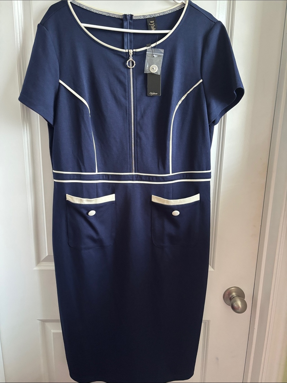 Navy Midi Dress with Cream Contrast Trim